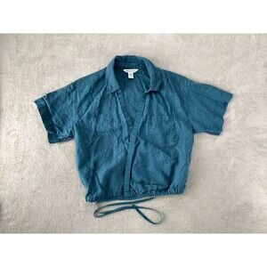 Athleta Women's Playa Tie Front Short Sleeve Linen Top Borealis Green Medium